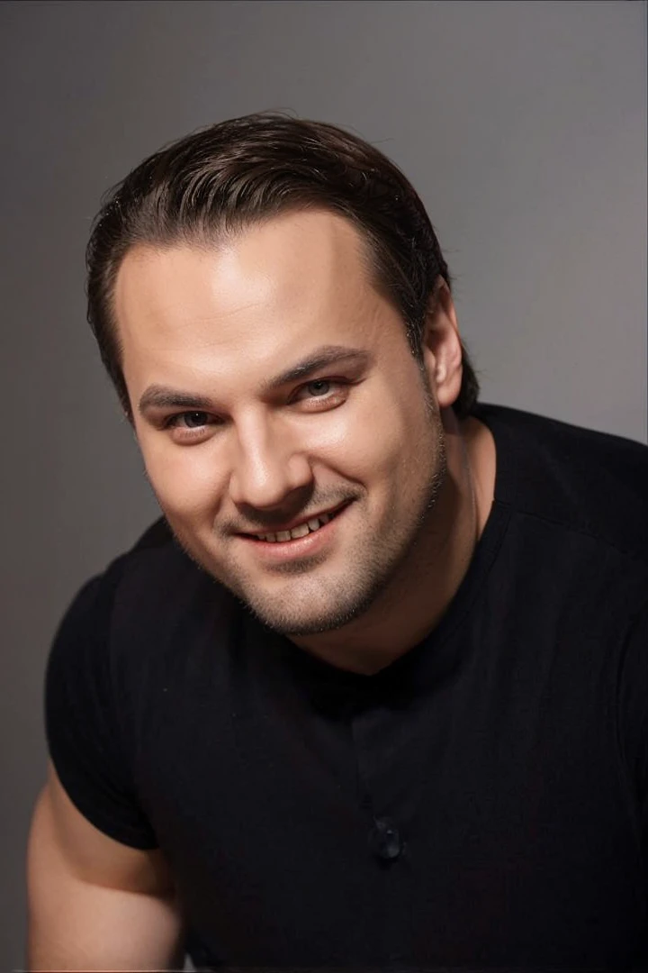 Russian Opera Tenor with red suit and bow tie in a futuristic opera house