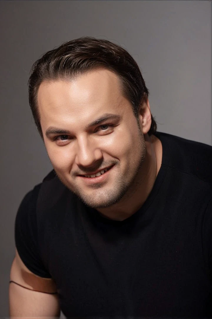 Russian Opera Tenor with red suit and bow tie in a futuristic opera house