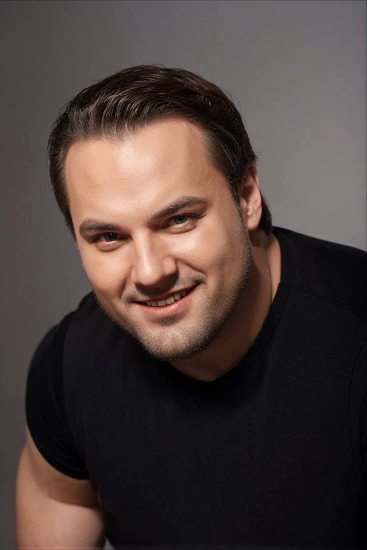 Russian Opera Tenor with red suit and bow tie in a futuristic opera house