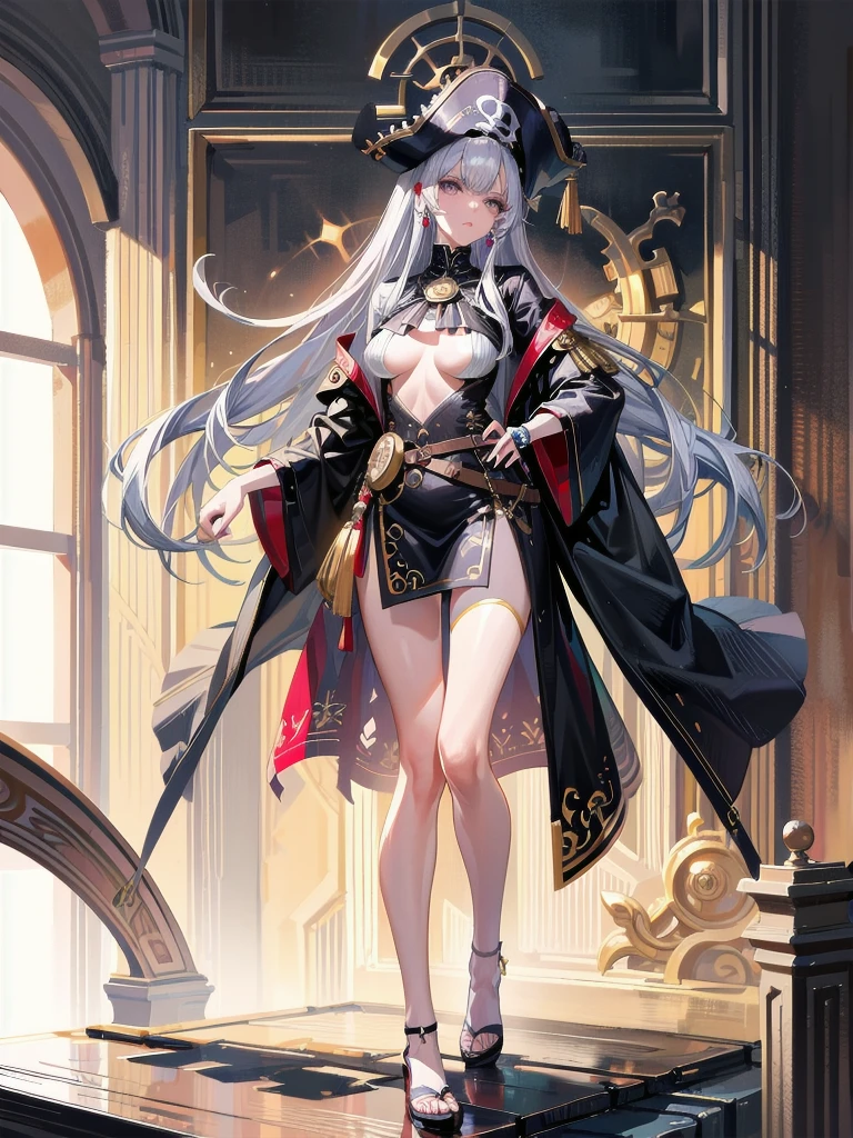 absurdres, RAW photo, extremely delicate and beautiful, masterpiece, Best Quality, ultra high resolution, 32k, hyperrealistic, ultra-detailed, perfect anatomy, anatomically correct, perfect figure, Perfect Style, Perfect balance, super Detailed skin, in her 30s, very Slim body, narrow waist, very small head, very small face, delicate facial features, handsome detailed woman, very detailed eyes and face, realistic face proportions, Realistic beautiful face, Realistic beautiful eyes, tearful mole, earring, big tits, full body shot, bare legs, medium hair, indoor, Legendary Pirate costume, Practical pirate clothing, Long-sleeved pirate top, Skirt, shirt, Torn pirate hat,