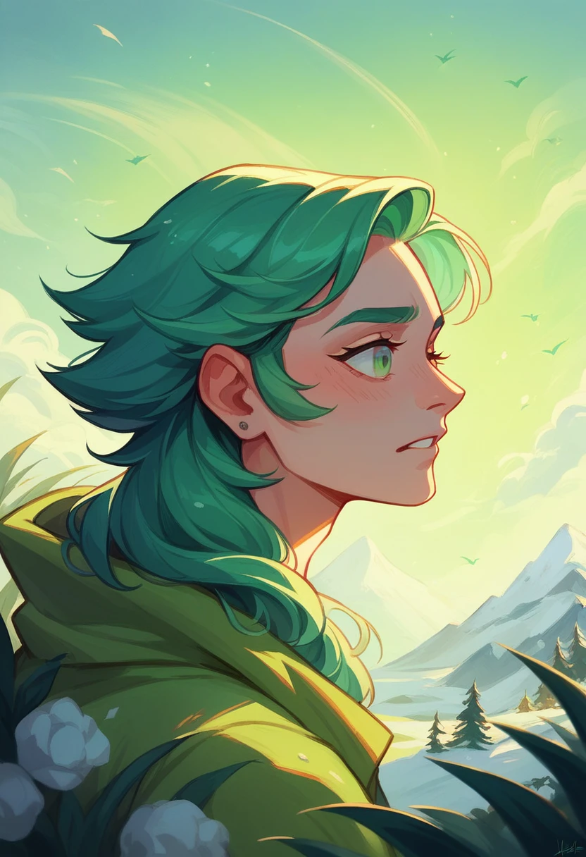 Create a detailed digital painting of a grand mountain range with lush green valleys and snow-capped peaks. The scene should convey a sense of awe and serenity, with vibrant colors and dynamic lighting.