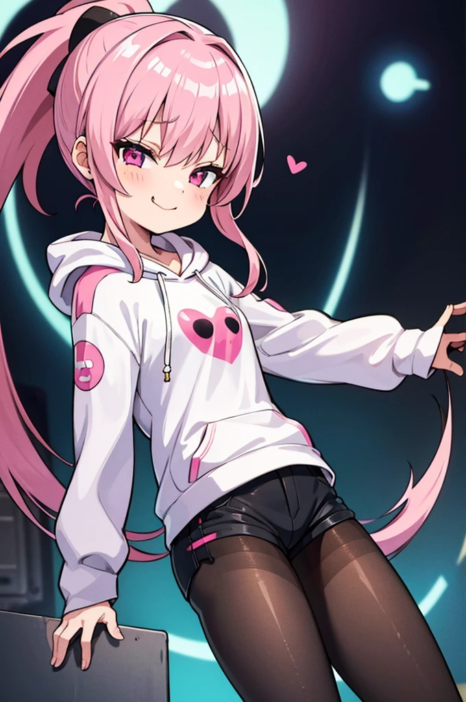 Cute, 1girl, pink hair ponytail, white hoodie, black tight shorts, see through pantyhose, smug, pink eyes with heart in it, music