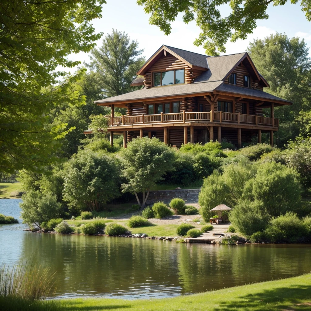 Draw a house by the lake. Log house, in a modern style. The house is on an island. There is a boat pier on the shore. There is a large willow on the shore near the house.