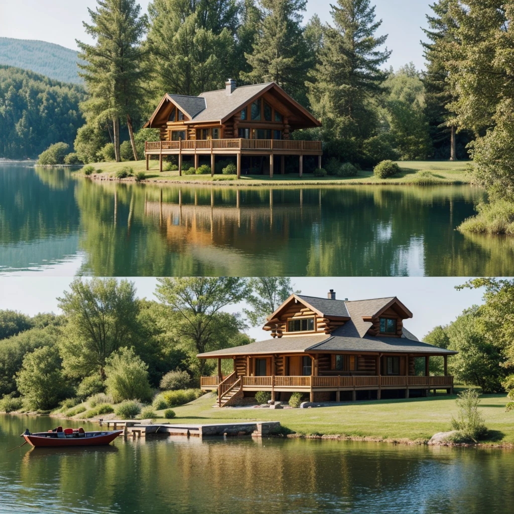 Draw a house by the lake. Log house, in a modern style. The house is on an island. There is a boat pier on the shore. There is a large willow on the shore near the house.