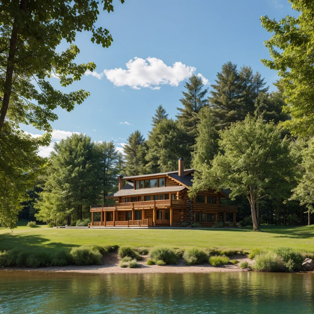 Draw a house by the lake. Log house, in a modern style. The house is on an island. There is a boat pier on the shore. There is a large willow on the shore near the house.