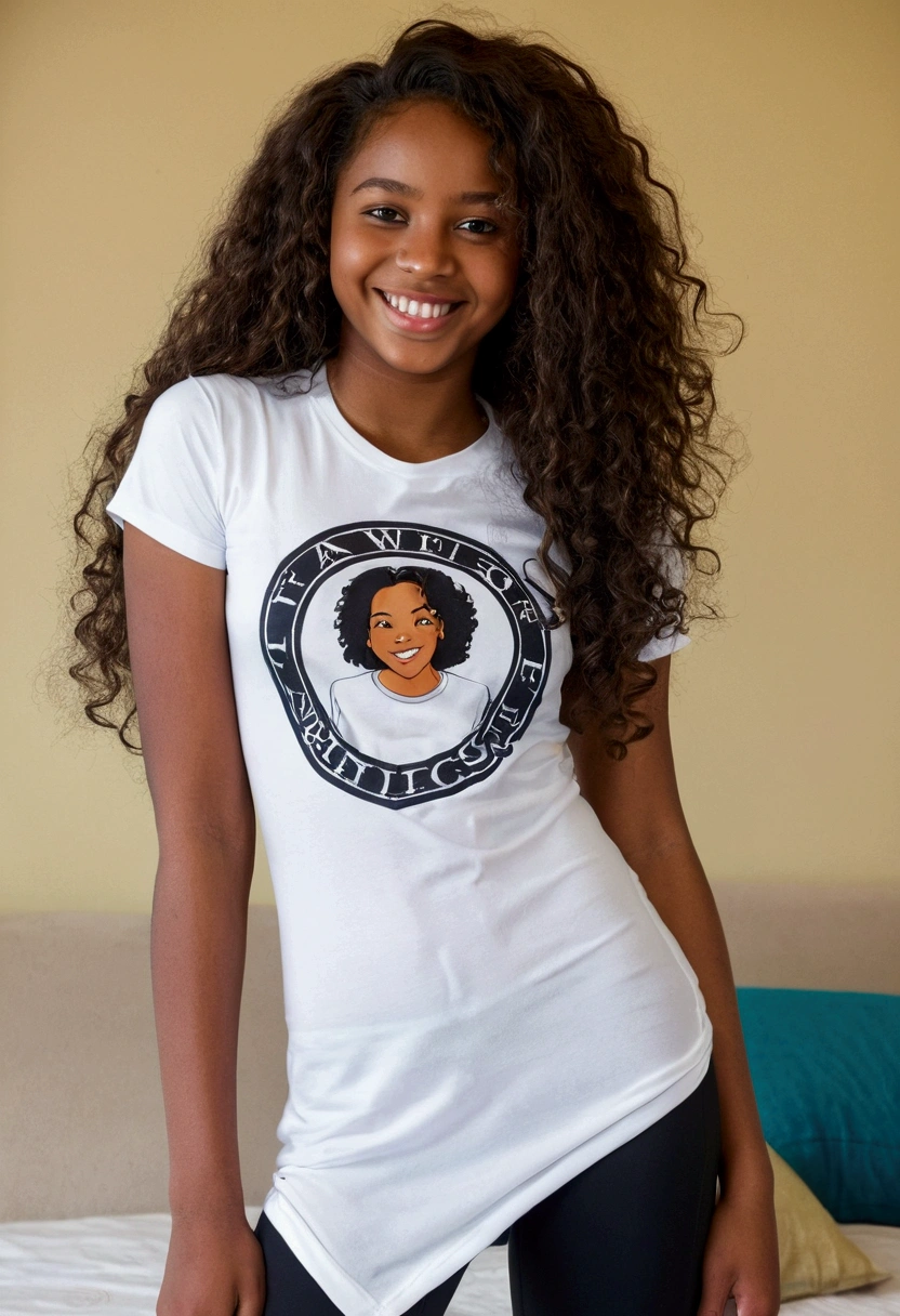 (16 yony girl, long curly hair, REALLY huge thighs, milf, white T-shirt and black legging, cameltoe pussy, smiling