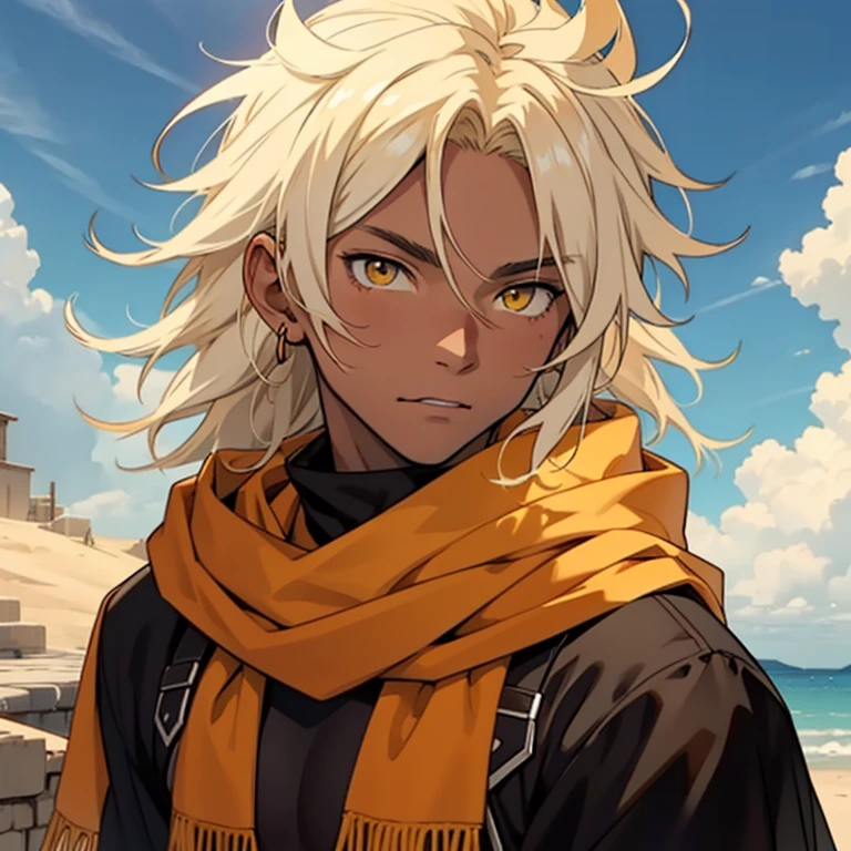 anime young black , long white bleached hair, golden yellow eyes, tan skin, average build, shirtless, fighter, close up head shot, sunny background, large mexican poncho, orange scarf, small clouds