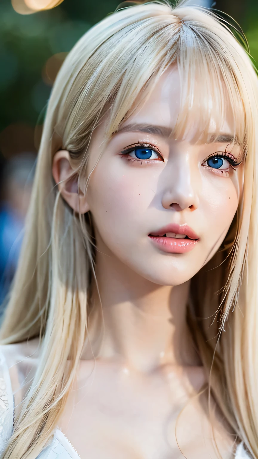 (Close-up:1.4)、(RAW shooting:1.2)、(Photorealistic:1.4)、(masterpiece:1.3)、(Highest quality:1.4)、Bright expression、Very cute girl、An exceptionally beautiful girl、Cute and beautiful face details、Beautiful Bangs、Radiant, fair, glowing skin、Facial hair、Bangs that reach the face、Bangs between the eyes、Super long hair、Super long, straight, silky hair with a striking platinum blonde hue、Thin Hair、Attractive shining beautiful bright clear light blue big eyes、one piece、eyeliner、double eyelid、Ample Bust、Upper Body、