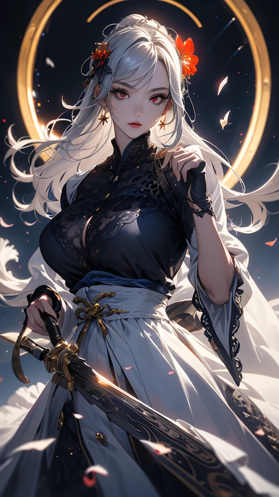 masterpiece, high quality, 4K, Beautiful design, silhouette,Gray Hair, 非常に詳細な夜のStarry Sky,Flower Field, wonderful, Finer details, Very knowledgeable woman, Highly detailed solo, 1 female,Red eyes,Big Breasts,White ta Fashion,Night view,Starry Sky,Red full moon,