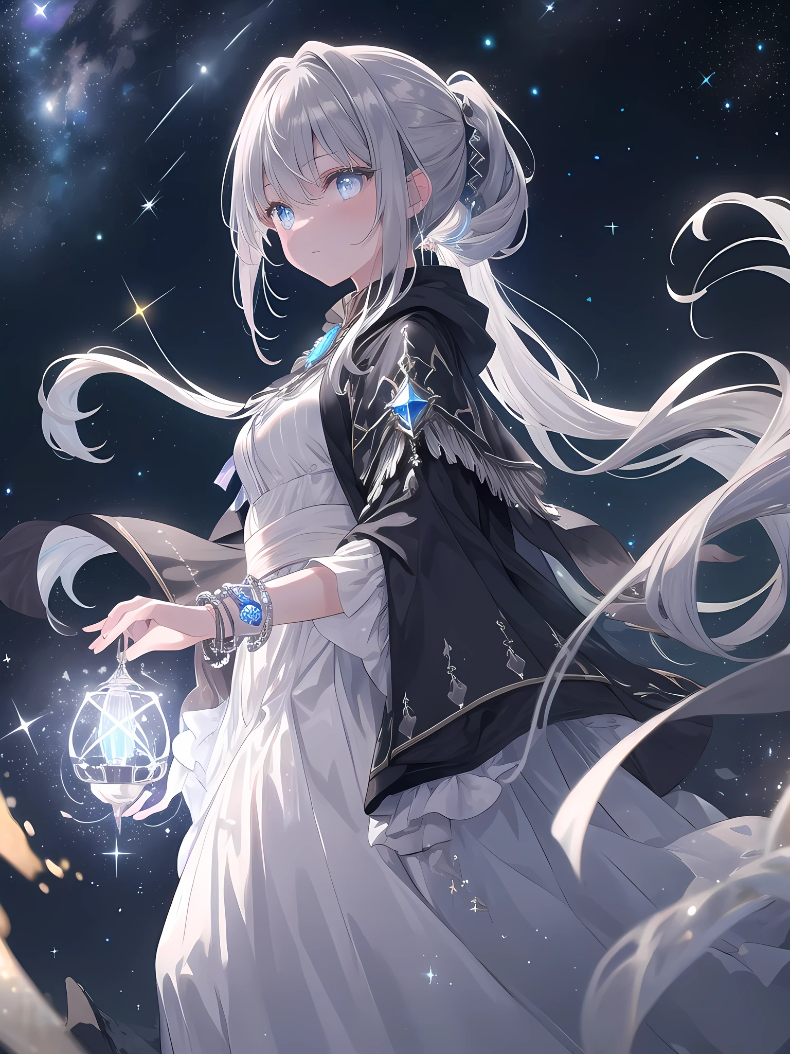((8k, best quality, master piece: 1.3)),super high resolution,(1 girl, solo), (colorshift eyes, hyperdetailed, expressive sparkling, glitter, glowing eyes), ultra detailed eyes, ultra-detailed face, random hair, ((silver gray color)), Under the starry night sky, a silver-haired woman is performing a magical ritual wearing a long cape and hood embroidered with silver thread, with a starry sky and twinkling stars in the background. She stands in the center of a magical circle, a silver bracelet shining on her wrist. Magical lights surround her and blend in with the starlight. Her silver hair in a ponytail is illuminated by the starlight, and her skin shines translucently. Her eyes are a starry blue, and her eyes, filled with magical power, show the seriousness of the mysterious ritual. The figure of the woman performing the ritual is solemn, and is depicted as if she is one with the starry sky background, creating a fantastical atmosphere.