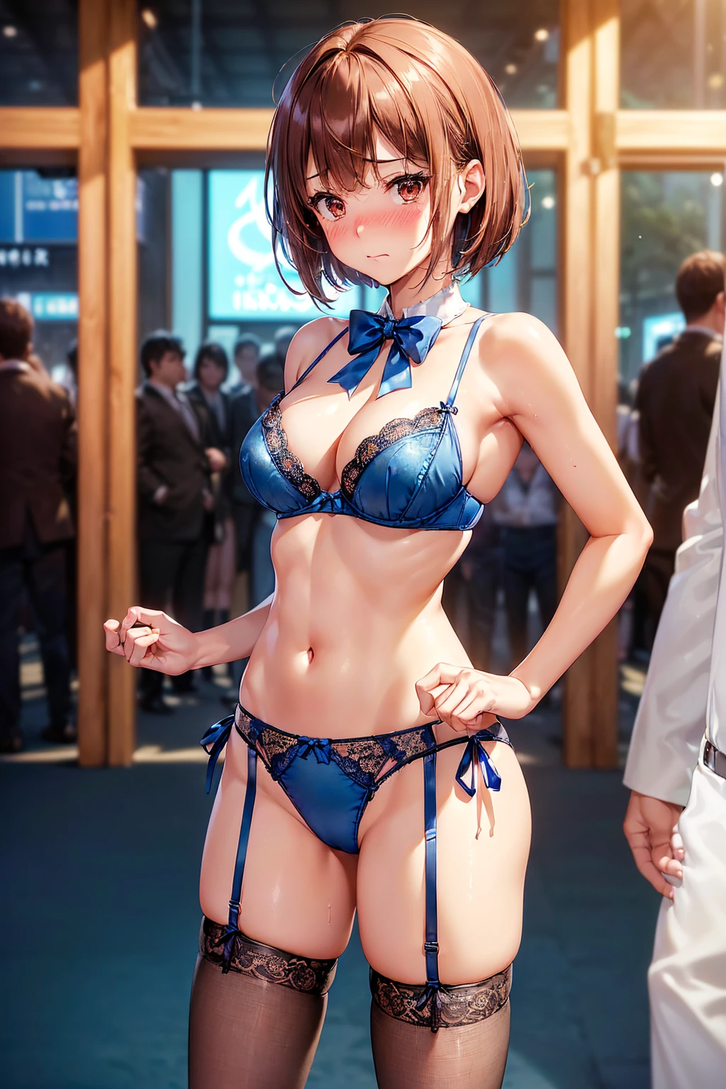 (((masterpiece, Highest quality, High resolution, 超High resolution, Perfect Pixel, Depth of written boundary, 4K, RTTX 10.0))), Beautiful Anime Woman, Beautiful art style, Anime characters, ((Smooth texture, Realistic texture, Anime CG Style)), Perfect and accurate finger count、Exact number of legs、(Exact number of arms:1.0, Exact number of hands:1.0), (Perfect hands, Perfect Anatomy), Cinematic, Realistic, Extremely detailed CG, Daytime lighting, Perfect lighting, Best Shadow, The best natural light, whole body, Perfect body, バランのとれたPerfect body, Perfectly balanced style, Slender body, ((bangs, Reddish brown hair, Bobcut)), ((A cute adult woman stands in a sexy pose:1.8)), ((Bow tie around neck:1.3), (Sexy and cute blue underwear:1.3), (Stylish shiny blue satin panties, Side-tie panties, Panties with plain blue center and lace decoration on the sides:1.3), (Thin panties:1.3), (Blue micro lace satin bra, Blue bra with lace trim, Thin bra:1.3), (lace garter belt, Garter Strings, Knee socks:1.3):1.3), (Beautiful big , Cleavage:1.1), (Embarrassed expression:1.7), blush, (Adult Events, Makuhari Messe, Many visitors in the background, A crowded venue, Many men surrounding a woman, A woman on display, indoor:1.7), naked, In underwear, Panties and bra only, Angle from the front