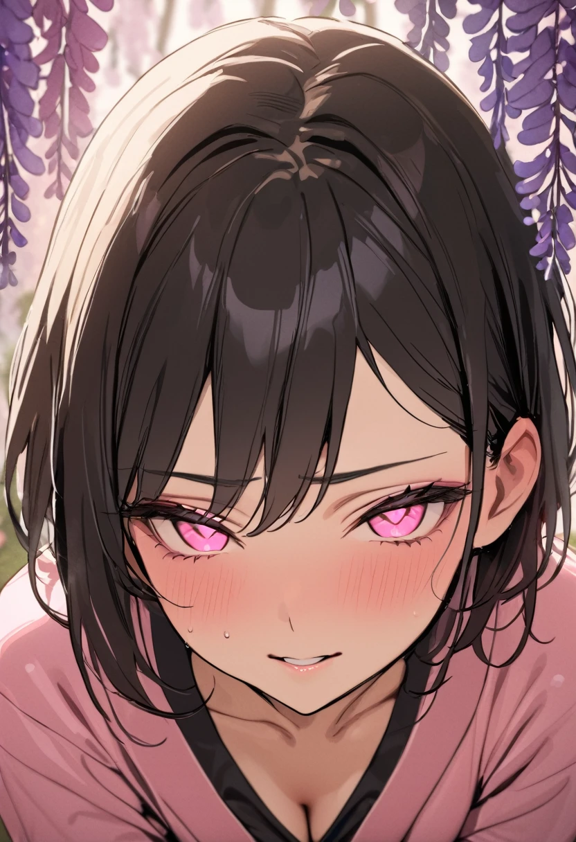 masterpiece, (pink kimono), seductive face, good lighting, low-cut, small details, masterpiece, glowing eyes, 1girl, black hair, on face, Nezuko Kamado, wisteria background, masterpiece, best quality, POV, different poses