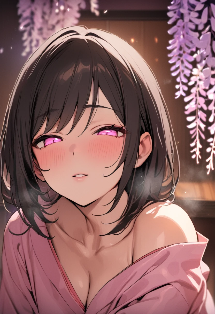masterpiece, (pink kimono), seductive face, good lighting, low-cut, small details, masterpiece, glowing eyes, 1girl, black hair, on face, Nezuko Kamado, wisteria background, masterpiece, best quality, POV, different poses
