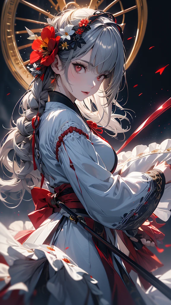 masterpiece, high quality, 4K, Beautiful design, silhouette，Gray Hair， 非常に詳細な夜のStarry Sky,Flower Field， wonderful, Finer details,  Very knowledgeable woman, Highly detailed solo, 1 female,Red eyes，Big Breasts，White Lolita Fashion，Night view，Starry Sky，Red full moon，