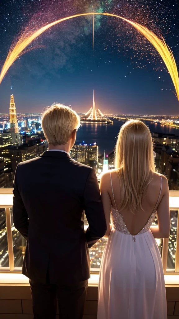 Blonde man and woman, just the two of them, dream world, spectacular view, illuminations, dress code, back view, the letter Y on the man&#39;s back, the letter M on the woman&#39;s back, lovey-dovey, real