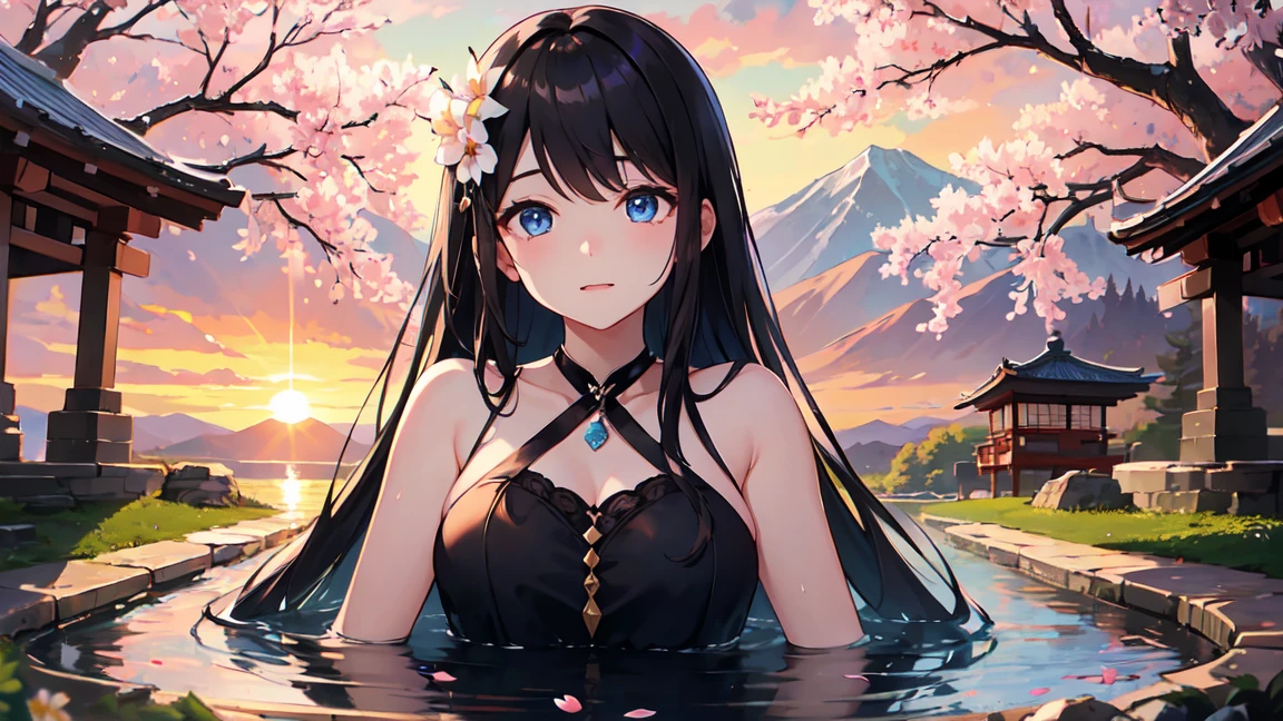 Highest quality、Very delicate and beautiful、masterpiece、Ultra-high resolution、sunset、evening、18-year-old 、Japanese、、Black-haired、blue eyes、Glowing Skin、valley、Black Dress、Hot Spring Town、cherry blossoms、cherry blossoms吹雪