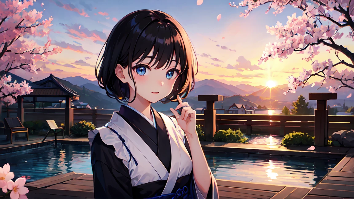 Highest quality、Very delicate and beautiful、masterpiece、Ultra-high resolution、sunset、evening、18-year-old 、Japanese、、Black-haired、blue eyes、Glowing Skin、valley、Black Dress、Hot Spring Town、cherry blossoms、cherry blossoms吹雪