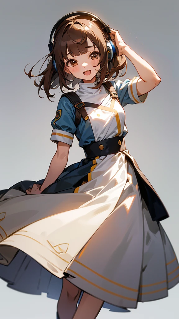 One girl, Brown Hair, Medium Hair, Textured skin, chest, Open your mouth, Bright Eyes, happiness/joy, Simple Background, Headphones worn behind the head, Anime Bangs, Minimalist, Dress up、Hair that hides one eye, Mai Shiraishi is precise, Winner of numerous awards, Highest quality,Very detailed, Anatomically correct,