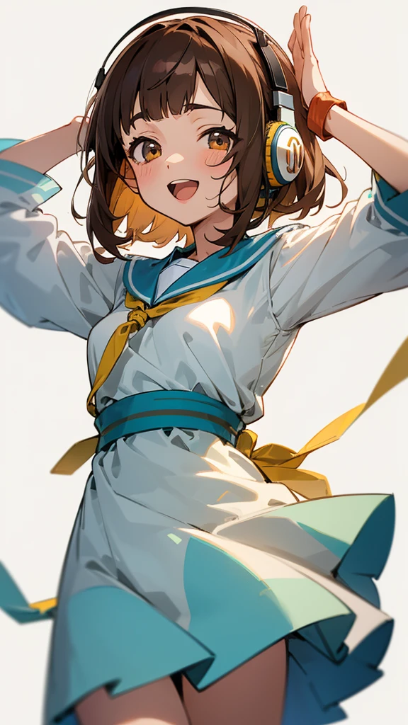 One girl, Brown Hair, Medium Hair, Textured skin, chest, Open your mouth, Bright Eyes, happiness/joy, Simple Background, Headphones worn behind the head, Anime Bangs, Minimalist, Dress up、Hair that hides one eye, Mai Shiraishi is precise, Winner of numerous awards, Highest quality,Very detailed, Anatomically correct,