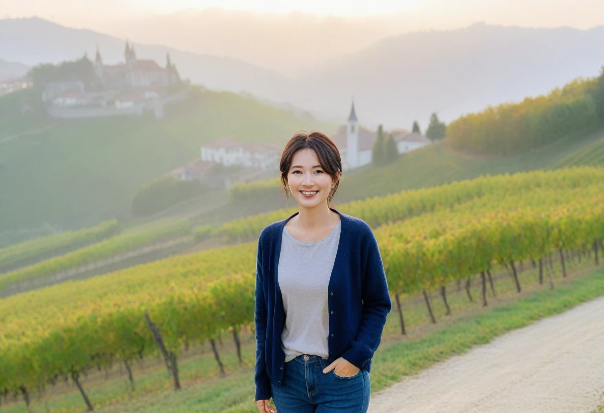 8k best picture quality, Beautiful 36-year-old Korean woman, Chest size 34 inches, Dawn in the early autumn countryside in northern Italy, View of the cathedral next to the vineyards, The back background is realistic and vivid quality., short medium hair, shirts and cardigans, Wear casual pants, Smile slightly. the background is clear, look up to the side., Viewing vineyards covered in thick fog from a hillside path, 