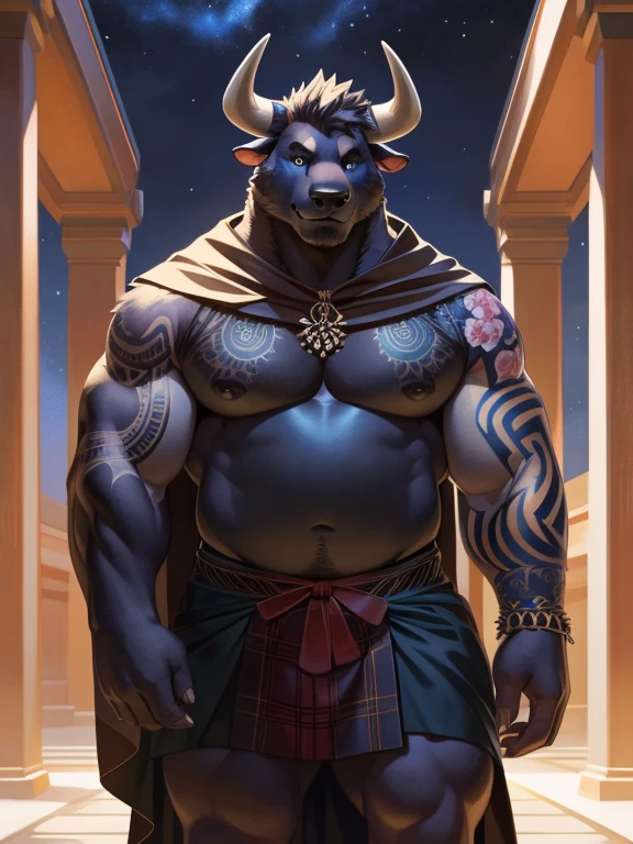 solo, anthro, furry, furry male, bull,((short fur,furry, smooth fur, dark fur)), (floral camellia tattooed arms, floral camellia tattooed chest), black pupils, white sclera, black body, black fur, dark blue eye, tail, horns, detailed fur, detailed face, detailed eyes, bare chest, (black cloak, black kilt), temple, (by null-ghost,by raccoon21, masterpiece, high quality, hi-res, 8k, hd, half-light, warm lighting), standing,close-view portrait, looking at viewer, night, stoic expression, arrogant, dynamic pose, Fat male bull, bull horns, full sleeve tattoos on both arms, torso covered in tattoos, spiky hair, mid 40s, poncho, no shirt, kilt,