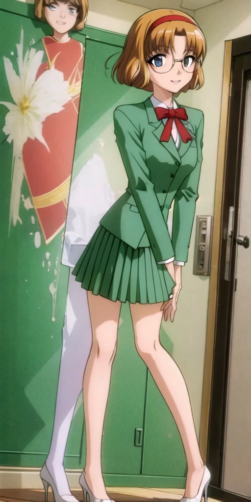 fuu hououji, (4k portrait), masterpiece, best quality,looking at viewer, 1girl,short hair,light brown hair,Glasses,((red hairband)),green blazer,mini skirt,(green high heels:1.4), smile,masterpiece,Noise Reduction,perfect anatomy,high resolution, ultra-detailed,game cg,dutch angle ,beautiful detailed eyes,visualart,five fingers, perfect hands, perfect lighting,BREAK (pants,1.5), full body, arms at sides, BREAK (indoor:1.6), Elevator Hall, she's in the elevator