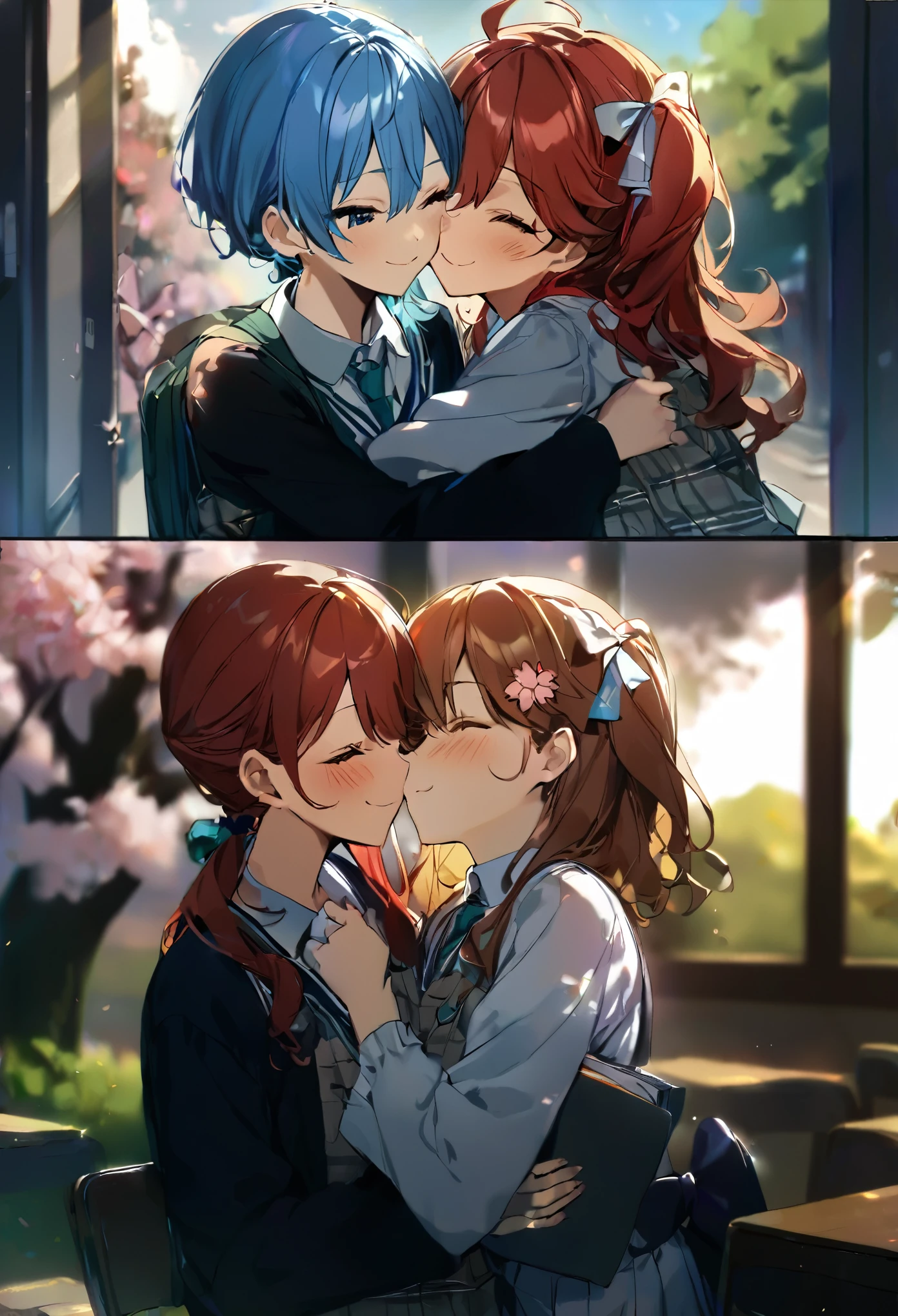 (((2girls))), together, two people, masterpiece, best quality, integrated scenery, integrated background, extremely delicate and beautiful, meticulous details, good composition, closed_eyes, cute face, perfect face, perfect hands, fingernails, sakura miko, SakuraMiko, HoshimachiSuisei, hoshimachi suisei, blurry background, sunlight, light blush, ((school)), upper body, looking each other, smile, , (hugging each other),in_school,sunlight,kissing,happiness,