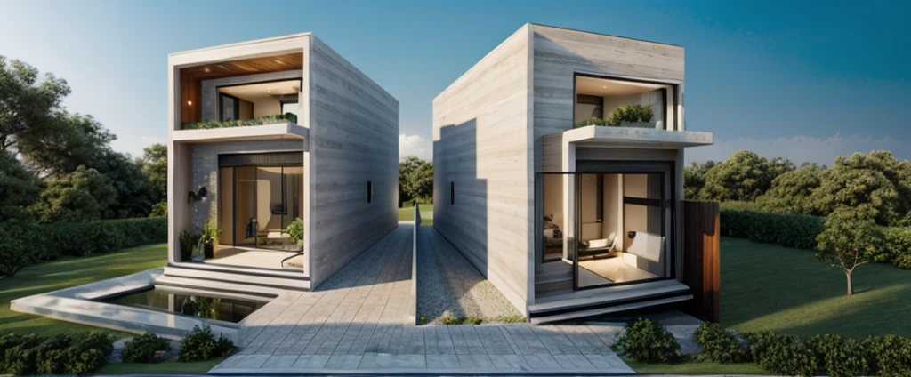 (((best quality, masterpiece))), (surreal, optical:1.2), high quality, (daylight:1.2), perfect lighting,(residential) modern house modern, main material ((wood: gray stone:0,4)), villa, modern gray house, modern, dynamic light, super light, ((light emitted from inside the house: 1.1)) , ((clear blue sky:1.3)), ((garden lights)), rock, peaceful, romantic , ((haze))