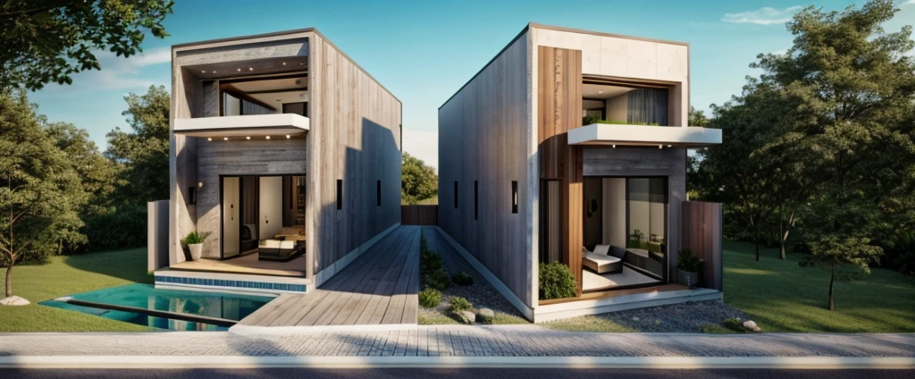 (((best quality, masterpiece))), (surreal, optical:1.2), high quality, (daylight:1.2), perfect lighting,(residential) modern house modern, main material ((wood: gray stone:0,4)), villa, modern gray house, modern, dynamic light, super light, ((light emitted from inside the house: 1.1)) , ((clear blue sky:1.3)), ((garden lights)), rock, peaceful, romantic , ((haze))