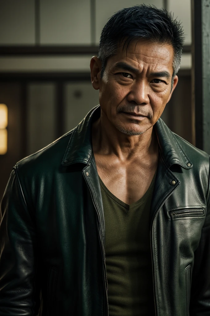 make character of my action film and his name is " Jim ". This man is filipino in age of 53, but his face or posture is not old, and attractive because of nose and eyebrow. Wearing leather jacket color dark green and holding pistol. The facial expression of this man is normal, not smiling, not sad. 