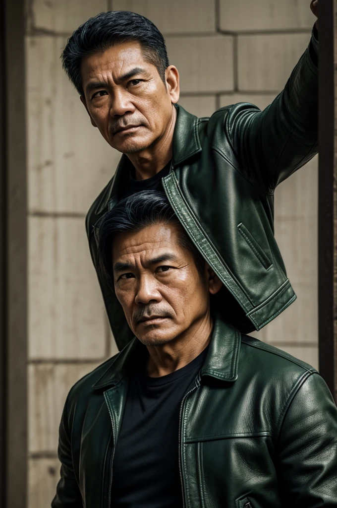 make character of my action film and his name is " Jim ". This man is filipino in age of 53, but his face or posture is not old, and attractive because of nose and eyebrow. Wearing leather jacket color dark green and holding pistol. The facial expression of this man is normal, not smiling, not sad.