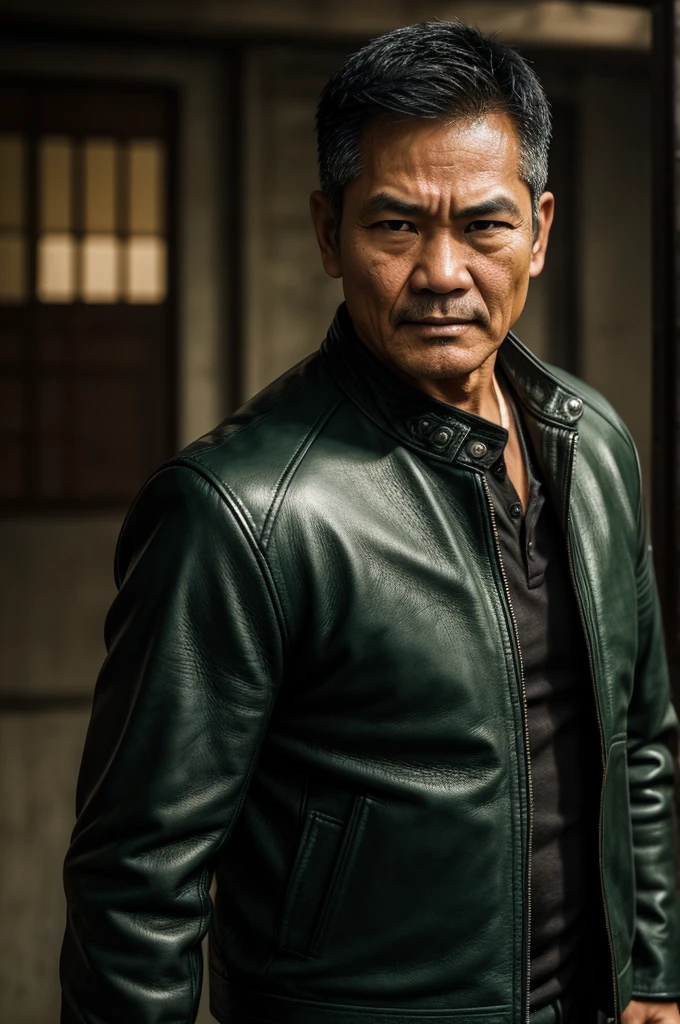 make character of my action film and his name is " Jim ". This man is filipino in age of 53, but his face or posture is not old, and attractive because of nose and eyebrow. Wearing leather jacket color dark green and holding pistol. The facial expression of this man is normal, not smiling, not sad.