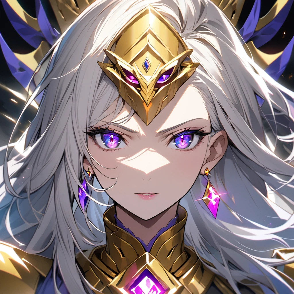 woman, blue eyes, long hair, white hair, , god eyes, diamond earings, glowing right eyes, two colors eyes, purple eyes, golden armor, main face, front face