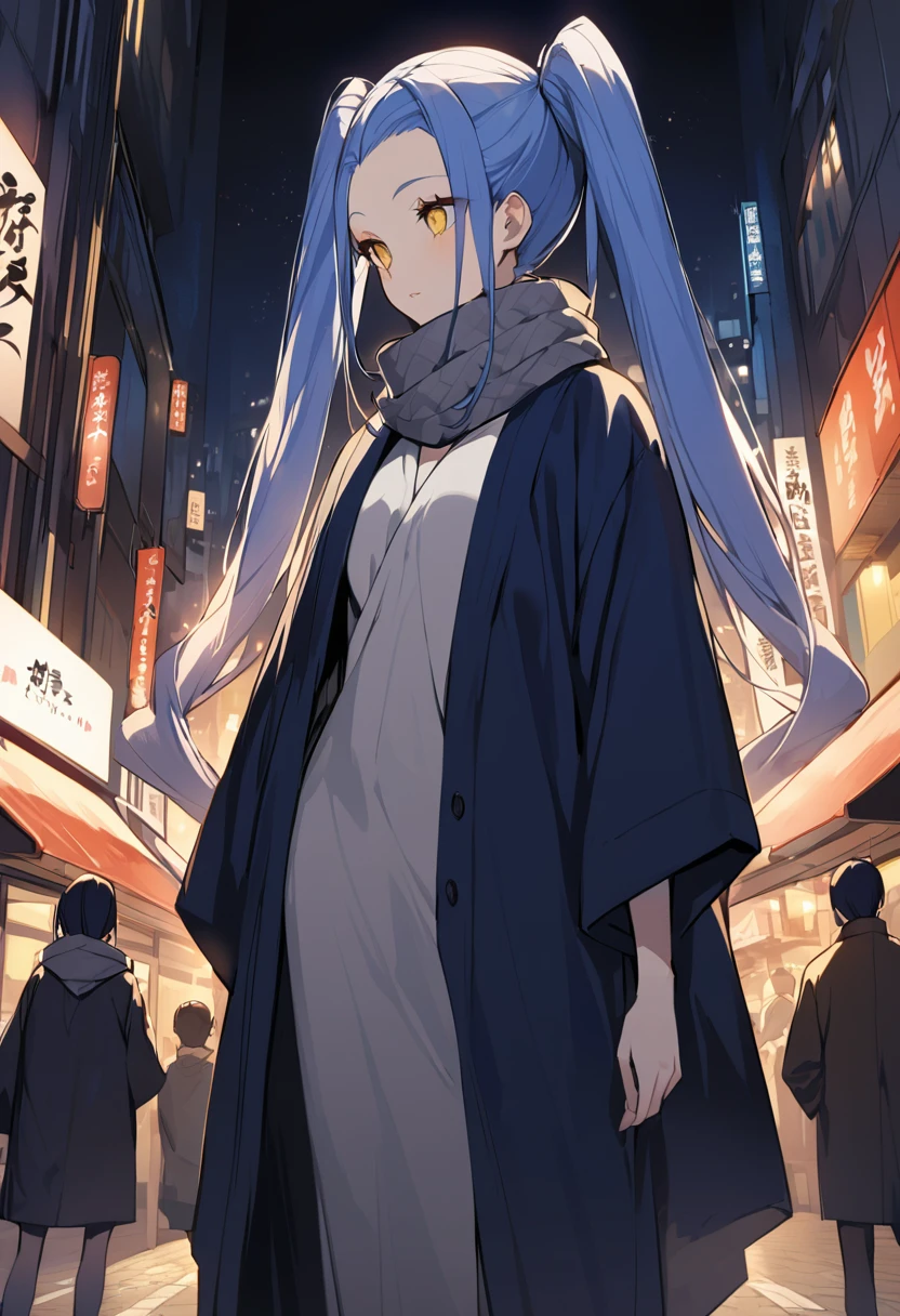 japan city in night(One very tall woman,Her hairstyle is twin tails that expose her forehead.,Navy Blue Hair,yellow eyes,Black haori,Grey scarf around neck)