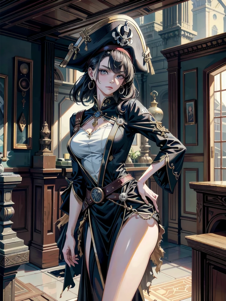 absurdres, RAW photo, extremely delicate and beautiful, masterpiece, Best Quality, ultra high resolution, 32k, hyperrealistic, ultra-detailed, perfect anatomy, anatomically correct, perfect figure, Perfect Style, Perfect balance, super Detailed skin, in her 30s, very Slim body, narrow waist, very small head, very small face, delicate facial features, handsome detailed woman, very detailed eyes and face, realistic face proportions, Realistic beautiful face, Realistic beautiful eyes, tearful mole, earring, big tits, full body shot, bare legs, medium hair, indoor, Legendary Pirate costume, Practical pirate clothing, Long-sleeved pirate top, Skirt, shirt, Torn pirate hat,