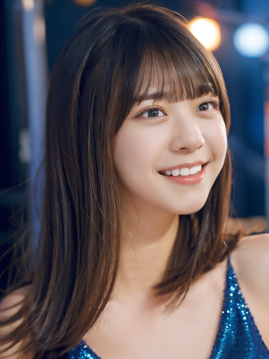 One girl,(Wearing a sparkly blue evening dress:1.2),(RAW Photos, Highest quality), (Realistic, photo-Realistic:1.4), masterpiece, Very delicate and beautiful, Very detailed, 2k wallpaper, wonderful, In detail, Very detailed CG unity 8k wallpaper, Very detailed, High resolution, Soft Light, Beautiful detailed girl, Very detailed eyes and face, Beautifully detailed nose, Beautiful attention to detail,Cinema Lighting,City lights at night,Perfect Anatomy,Slender body,A light smile,close,(Long hair with bangs), Large Breasts,Mouth wide open