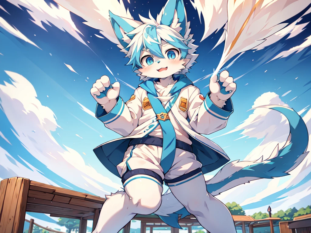 Blue hair,White hair,Blue dragon tail,The end of the tail has white fuzz,hairy,God of Art Super Top Quality, Super detailed, High resolution, Anime cute art style, The best anime, 8k, Kona sauce wallpaper, Pixiv Contest Winners, Perfect anatomical structure, , (Energetic ager, 13 y), High resolution详细的头发,Iris and pupil are well proportioned,Blue pupils,Blue ears,Single,Light blue coat,White shorts,White boots,playground