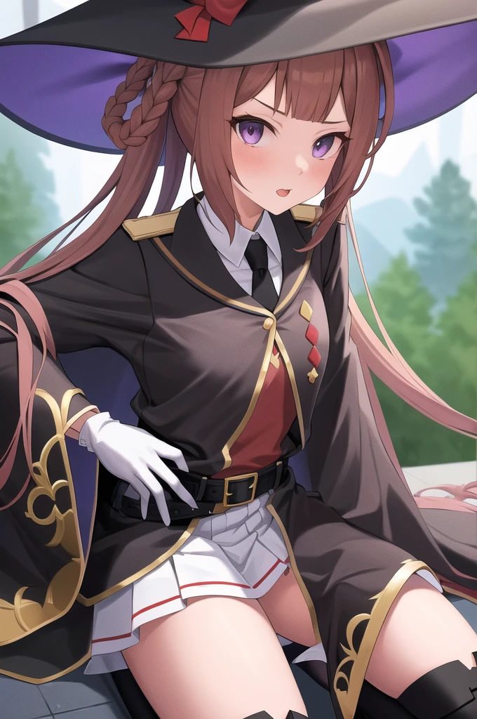 masterpiece, high detail, detailed hands,
sweep tosho \(umamusume\),witch hat, black headwear, black necktie, collared shirt, red shirt, white gloves, wide sleeves, black jacket, black robe, buckle, belt, white skirt, pleated skirt, black thighhighs, thigh boots, black footwear, high heel boots
(((woman on top,vaginal,sex)))