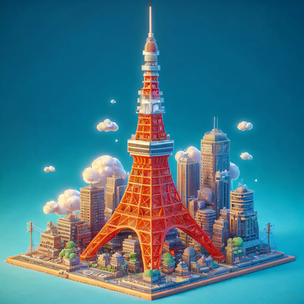 tokyo tower in 3d realistic illustration disney pixar style, (texture detailed) (masterpiece) single image, detail texture glossy plastic polished fluffy feel cartoony caricature chibi deformed proportion, striking color fusion clean limbo background, dramatic light, Sony A7 III 50mm f/1.8 Prime