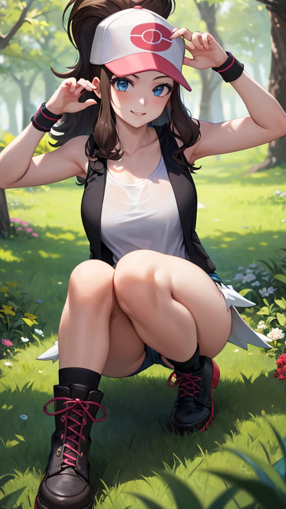 ((Best Quality)), ((Very detailed)), Masterpiece, absurdities, (detailed eyes, deep eyes), (1 girl), Perspective control, dynamic pose, whole body, Hilda, Brown hair, wide, Side locks, high Horse tail, Horse tail, Blue eyes, Wide hips, smiling, has, baseball cap, black vest, sleeveless shirt, White shirt, wristband, denim shorts, Short shorts, Boots, (outside , in a forest, )