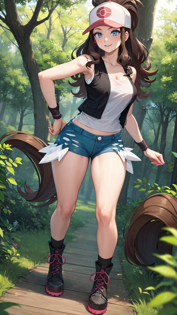 ((Best Quality)), ((Very detailed)), Masterpiece, absurdities, (detailed eyes, deep eyes), (1 girl), Perspective control, dynamic pose, whole body, Hilda, Brown hair, wide, Side locks, high Horse tail, Horse tail, Blue eyes, Wide hips, smiling, has, baseball cap, black vest, sleeveless shirt, White shirt, wristband, denim shorts, Short shorts, Boots, (outside , in a forest, )