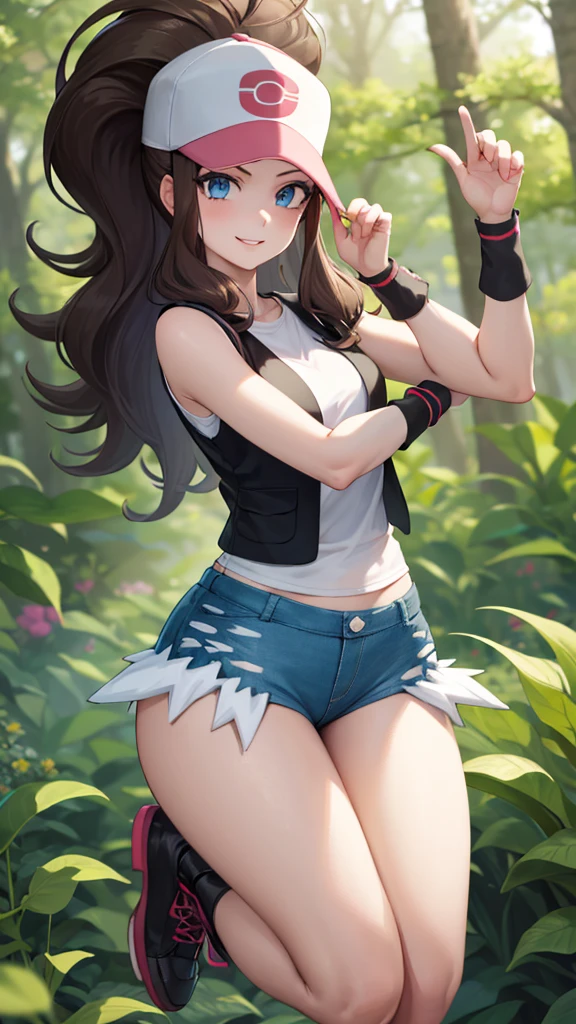 ((Best Quality)), ((Very detailed)), Masterpiece, absurdities, (detailed eyes, deep eyes), (1 girl), Perspective control, dynamic pose, whole body, Hilda, Brown hair, wide, Side locks, high Horse tail, Horse tail, Blue eyes, Wide hips, smiling, has, baseball cap, black vest, sleeveless shirt, White shirt, wristband, denim shorts, Short shorts, Boots, (outside , in a forest, )