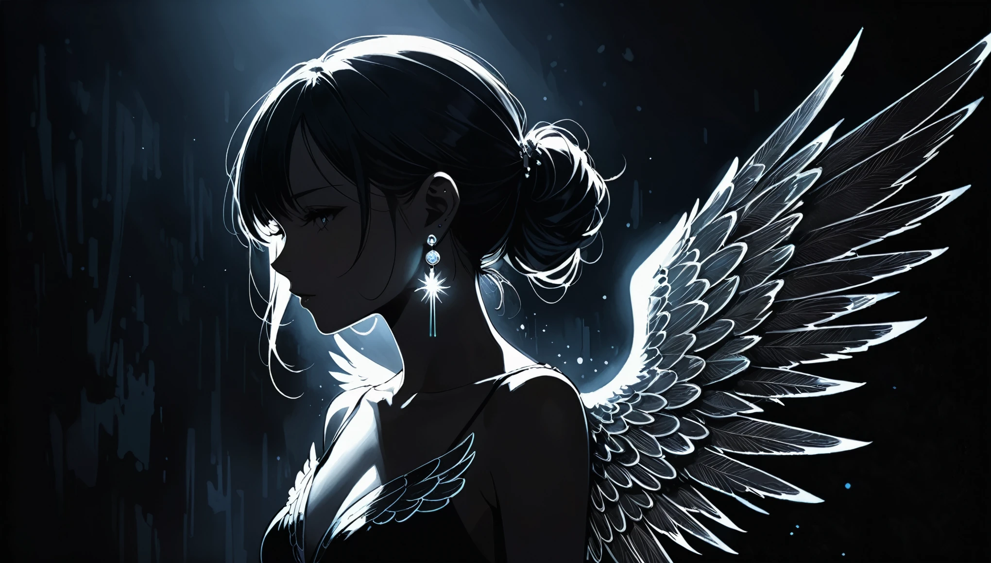 in style of Ashley Wood,in style of by Liu Ye,(in style of Santiago Caruso:0.9),
1girl,darkness,totally dark,in the incomprehensible gloom,1 girl,
(earrings emit intense bright light to break the darkness:1.3),faint lights,dark tones,absolutely dark glow,black_background,(obscured light:1.2),medium_shot,(the glow of the earrings illuminates the face collarbones and shoulders:1.1),(a strong contrast between light and darkness:1.2),from_side,light painting,lightline,anime illustration style,(light painted wings:1.8),light paints ear wings,silhouette,blurry,dithering,