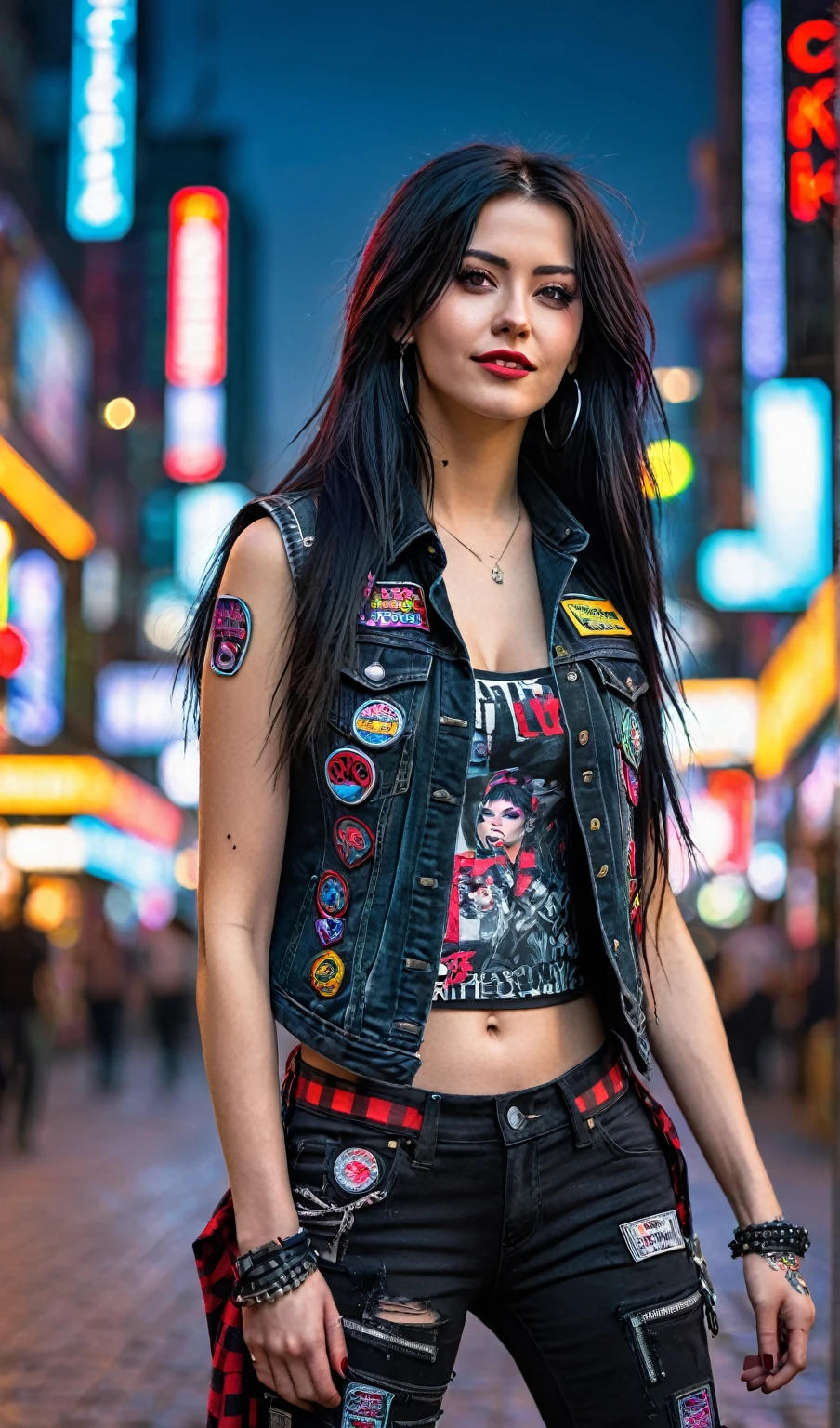 Masterpiece, above, very detailed, original photo, beautiful woman with long flowing black hair, walking in the cyberpunk city center, wearing a black jean vest full of patches, striking a typical punk pose, tight red checkered flannel trousers ripped knees, boots black cool, facing the camera, looks very happy, cyberpunk urban background and neon colorful highlights. bokeh, frontal, ultraHD 32K resolution, HDR, 800mm lens, realistic, hyperrealistic, photography, professional photography, immersive photography, ultra HD, very high quality, best quality, HDR photo, focus photo, original photo, ultra sharp, nature photo, masterpiece, award winning, shot with hasselblad x2d.