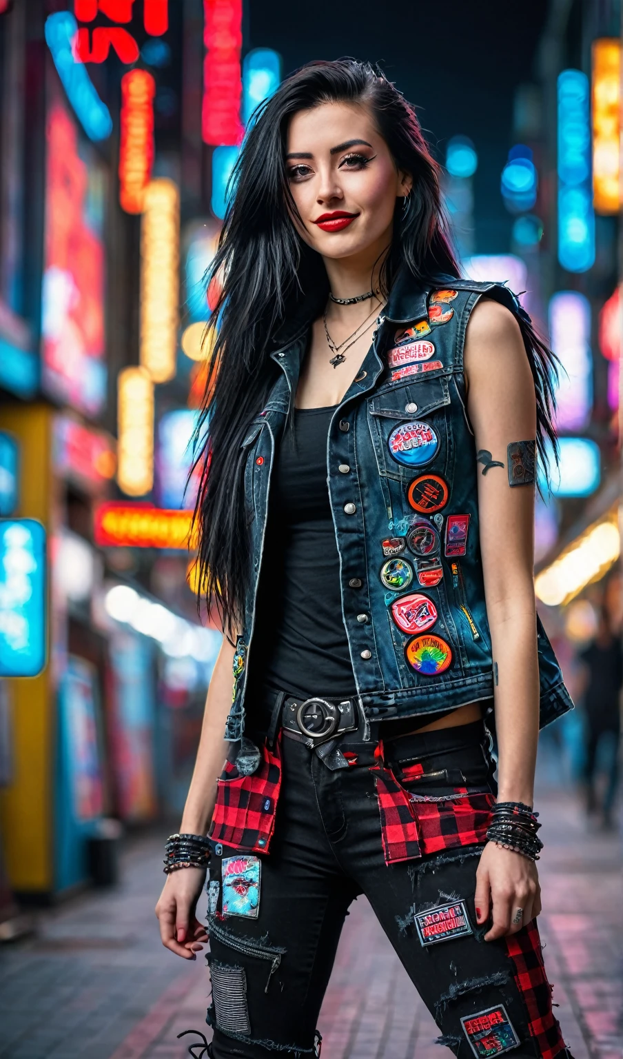 Masterpiece, above, very detailed, original photo, beautiful woman with long flowing black hair, walking in the cyberpunk city center, wearing a black jean vest full of patches, striking a typical punk pose, tight red checkered flannel trousers ripped knees, boots black cool, facing the camera, looks very happy, cyberpunk urban background and neon colorful highlights. bokeh, frontal, ultraHD 32K resolution, HDR, 800mm lens, realistic, hyperrealistic, photography, professional photography, immersive photography, ultra HD, very high quality, best quality, HDR photo, focus photo, original photo, ultra sharp, nature photo, masterpiece, award winning, shot with hasselblad x2d.