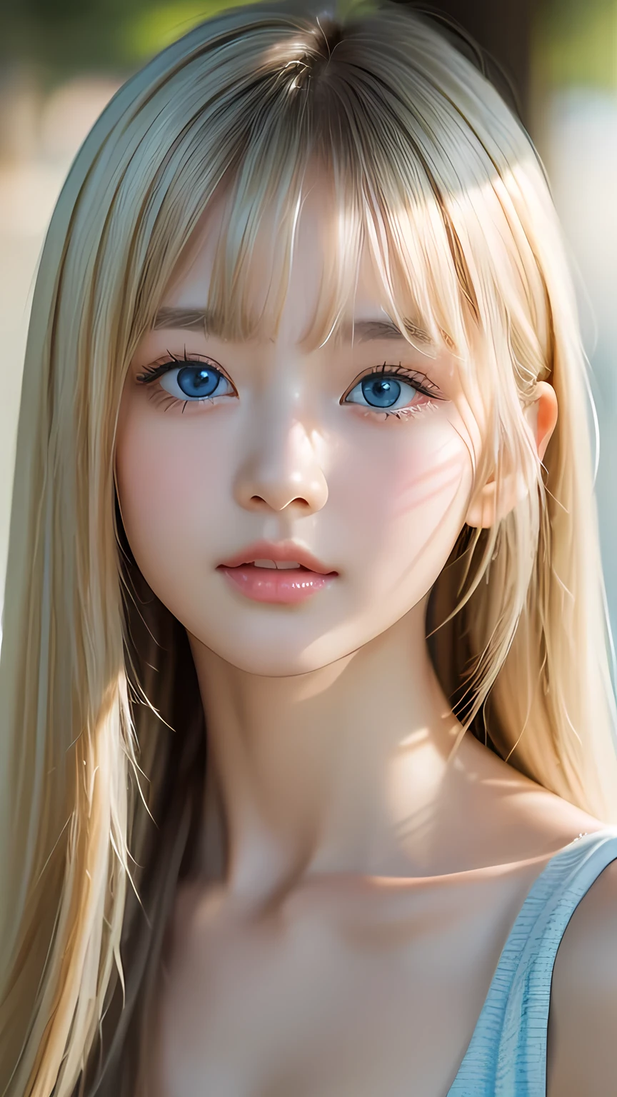 (Close-up:1.4)、(RAW shooting:1.2)、(Photorealistic:1.4)、(masterpiece:1.3)、(Highest quality:1.4)、Bright expression、Very cute girl、An exceptionally beautiful girl、Cute and beautiful face details、Beautiful Bangs、Radiant, fair, glowing skin、Facial hair、Bangs that reach the face、Bangs between the eyes、Super long hair、Super long, straight, silky hair with a striking platinum blonde hue、Thin Hair、Attractive shining beautiful bright clear light blue big eyes、one piece、eyeliner、double eyelid、Ample Bust、Upper Body、