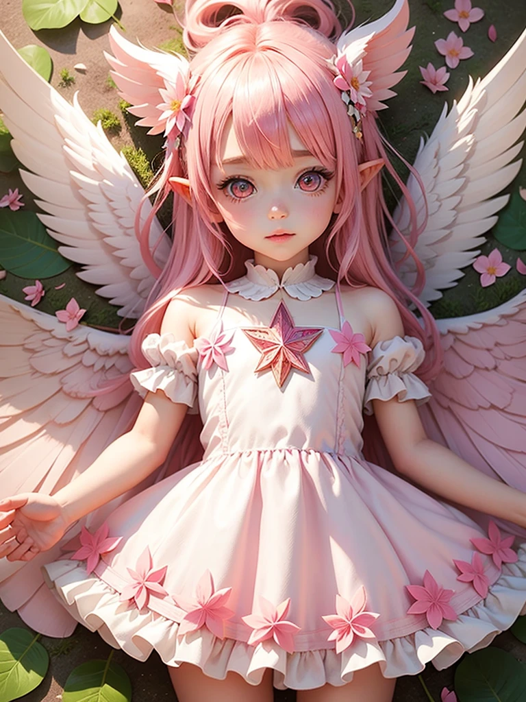 cute little angel, , pinkhair, pink eyes,  dress pointy ears dress made of petals leaves glitter sun leaves flowers white big angel wings