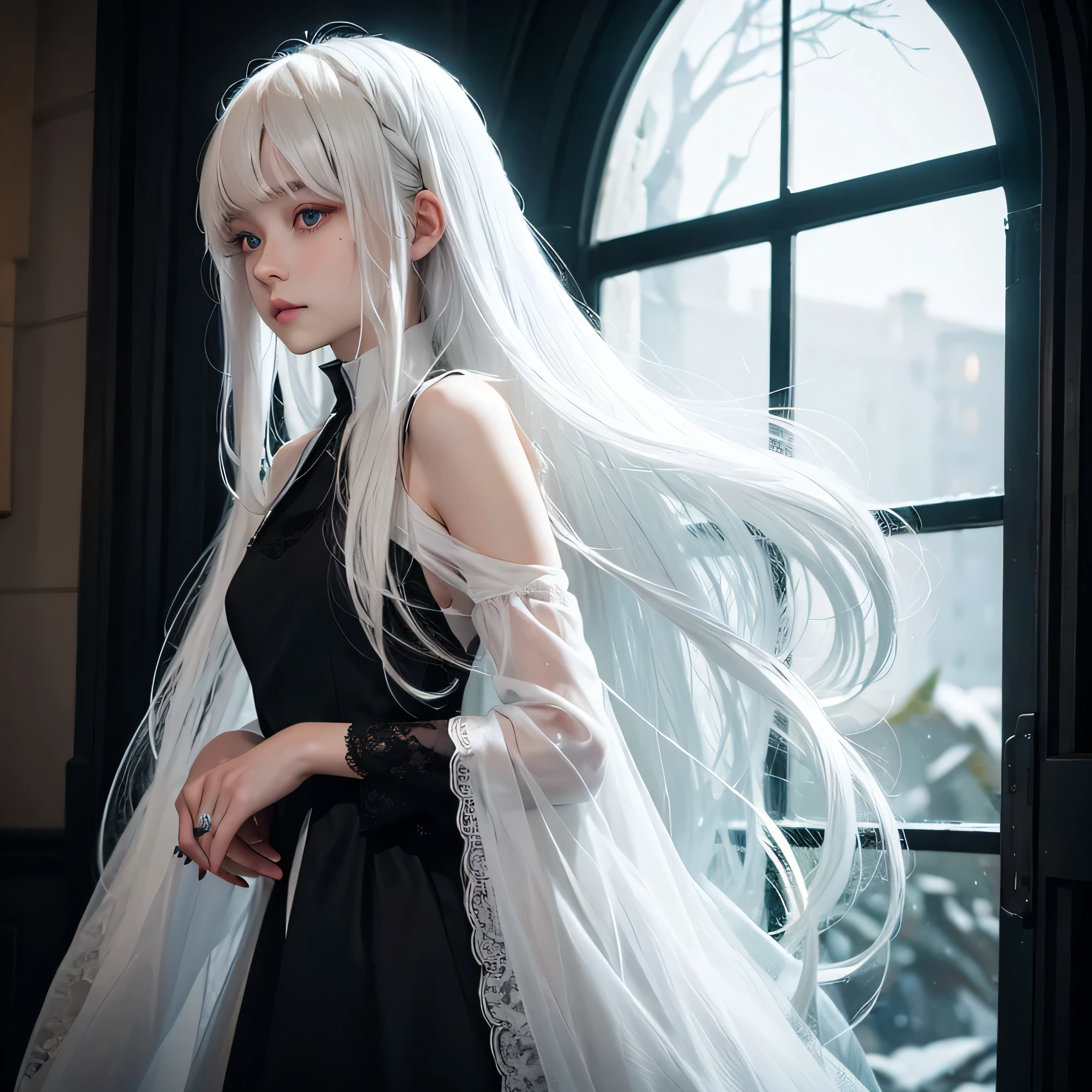 Girl with long enough white hair, pretty haircut, standing in a black dress. She has white very fair skin color, she has completely white glowing eyes. She looks out the window from the darkness