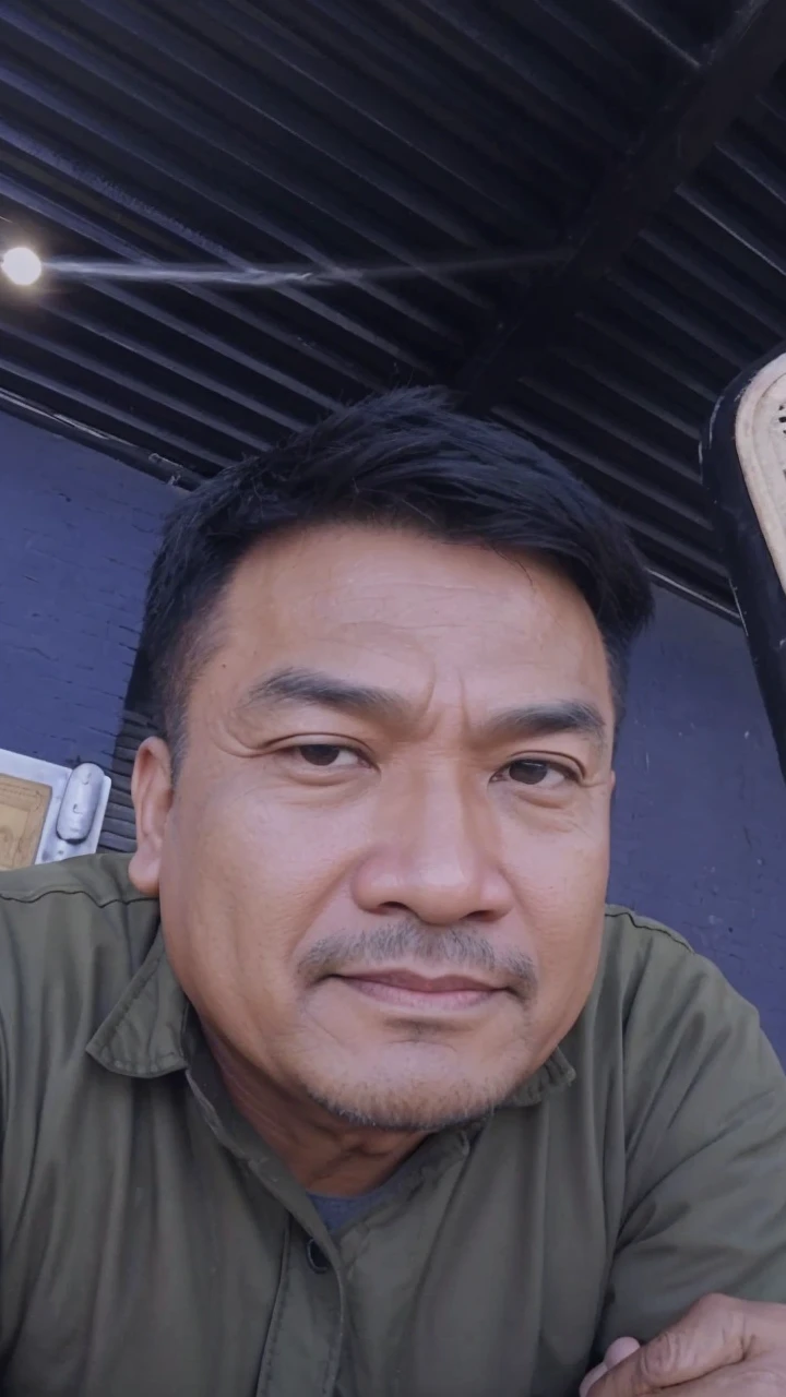make character of my action film and his name is " Jim ". This man is filipino in age of 53, but his face or posture is not old, and attractive because of nose and eyebrow. Wearing leather jacket color dark green and holding pistol. The facial expression of this man is normal, not smiling, not sad.