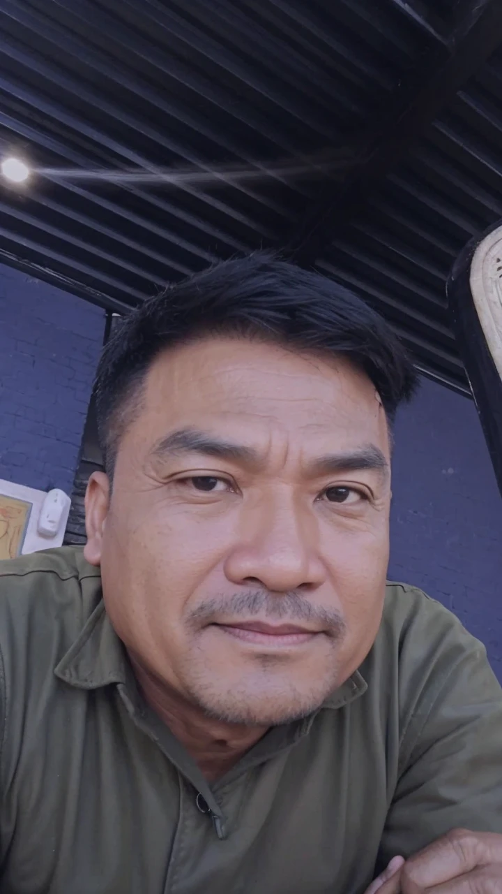 make character of my action film and his name is " Jim ". This man is filipino in age of 53, but his face or posture is not old, and attractive because of nose and eyebrow. Wearing leather jacket color dark green and holding pistol. The facial expression of this man is normal, not smiling, not sad.